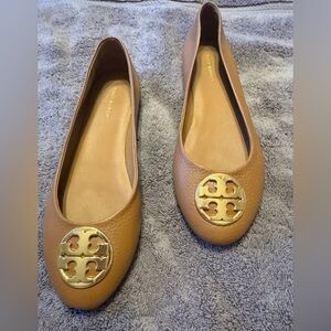 Tory Burch Brown Leather Loafers with Gold Emblem